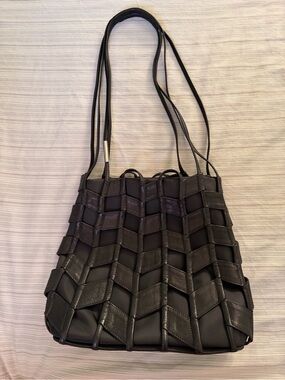 Renato Angi Black Woven Shoulder Bag, Italian, real leather